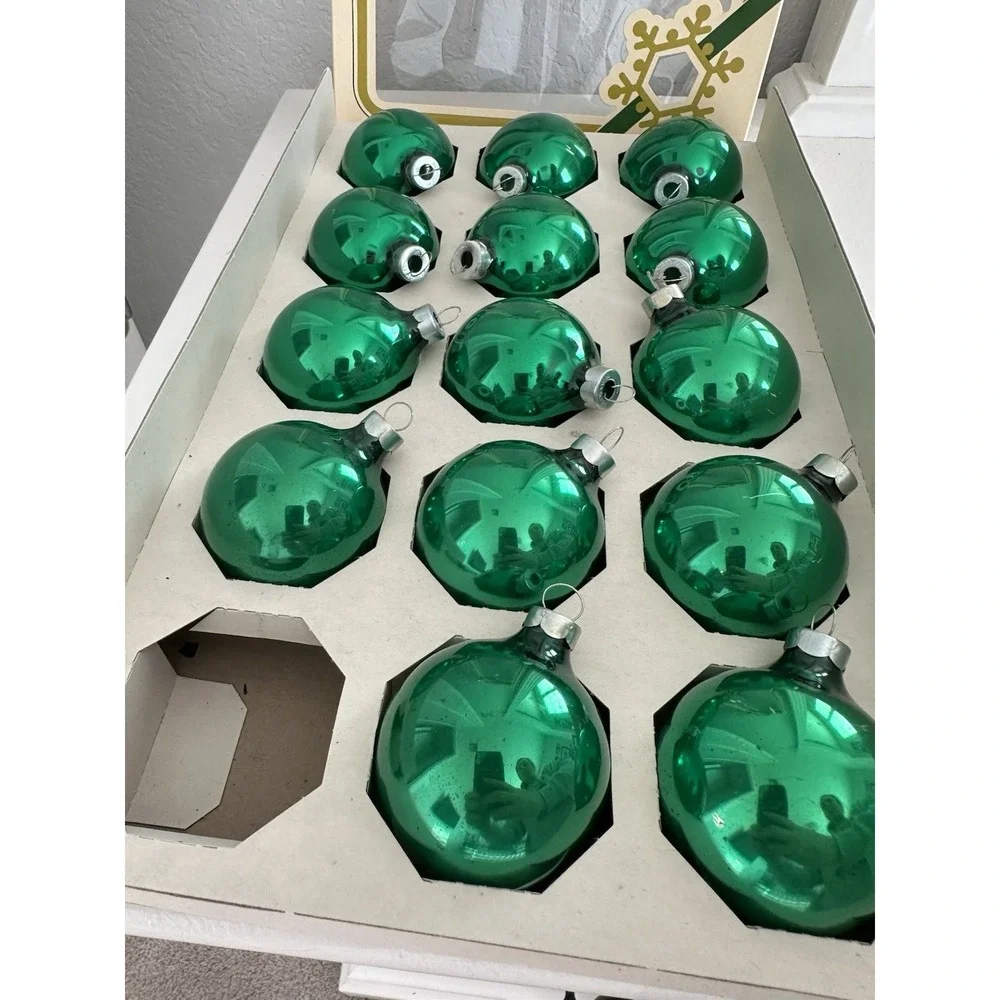 Vintage Pyramid Jumbo Green Glass Christmas Ornaments Set of 14 Made in USA